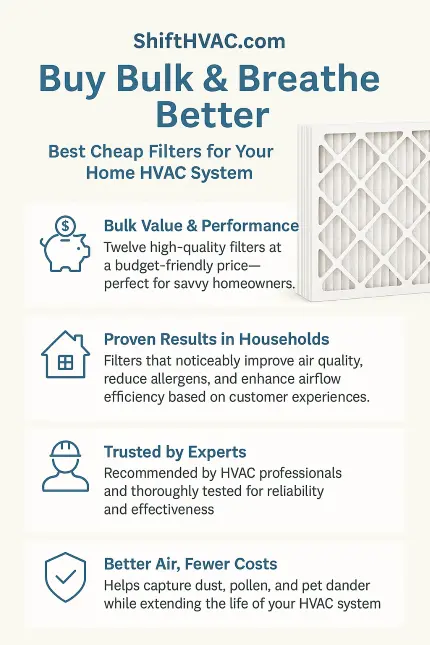 Buy Bulk & Breathe Better: 12-Pack 25x25x1 Pleated Furnace AC Filters at ShiftHVAC.com — Best Cheap Filters for Your Home HVAC System 2 Infographic titled "Buy Bulk & Breathe Better" from ShiftHVAC.com, promoting a 12-pack of 25x25x1 pleated furnace AC filters. Features four key benefits: bulk value and performance, proven results in households, expert trust, and better air with lower HVAC costs, using blue icons on a light beige background.