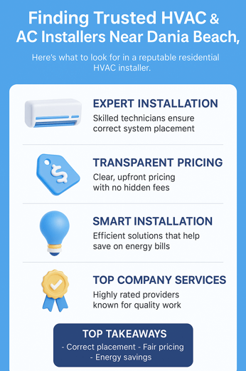 Trusted Residential HVAC & AC Installers Near Dania Beach FL – Best Company Services, Transparent Prices, and Smart Installation Costs 2 Vertical infographic titled "Finding Trusted HVAC & AC Installers Near Dania Beach, FL" featuring 3D icons and key points including expert installation, transparent pricing, smart installation, and top company services with a takeaway summary box.