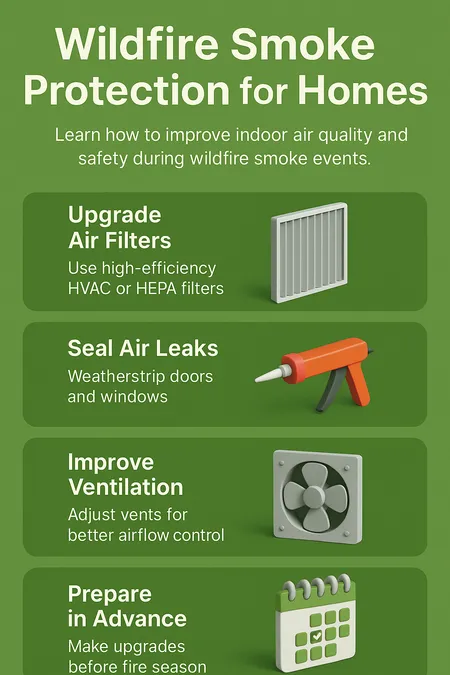 How to Achieve Effective Wildfire Smoke Protection for Homes With Air Filters, Sealing Techniques, and Ventilation Upgrades That Improve Indoor Safety 2 Vertical infographic on wildfire smoke protection for homes with 3D icons showing tips to upgrade air filters, seal air leaks, improve ventilation, and prepare in advance.