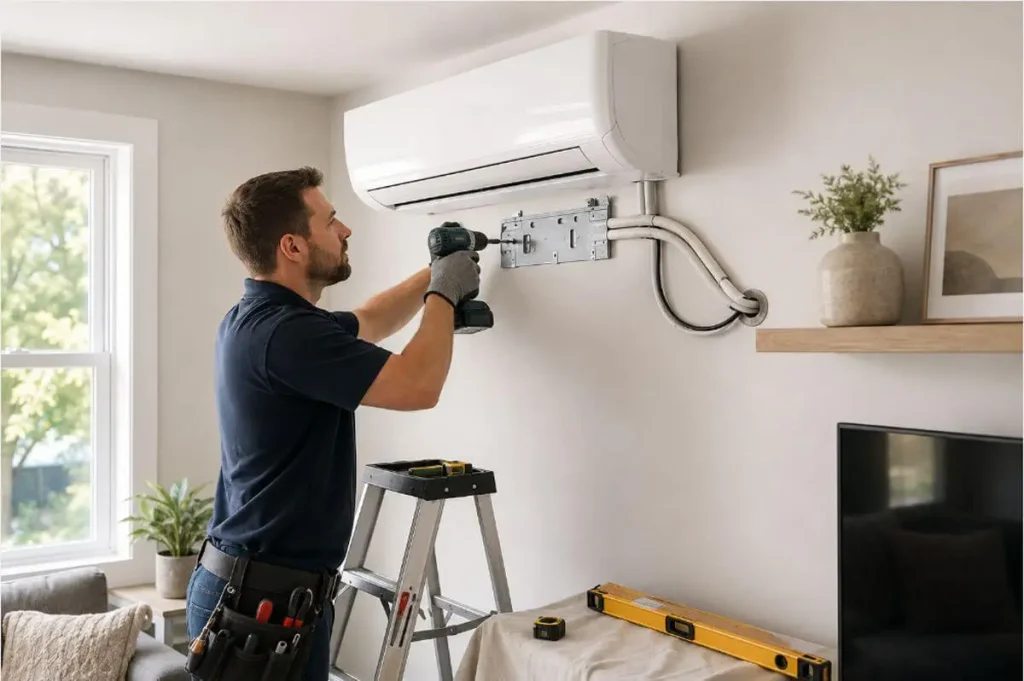 Mini Split AC System Rebates in Ontario: Are You Leaving Money on the Table? 2 Licensed HVAC technician installing a modern wall-mounted mini split AC system in an Ontario home, illustrating professional installation as part of choosing an efficient unit and qualifying for provincial and federal rebates.